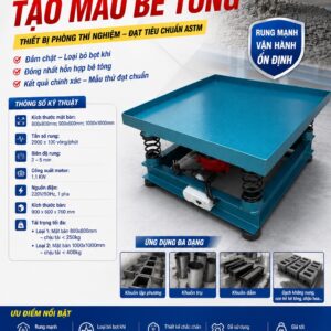 Bàn rung bê tông dùng để tạo mẫu bê tông đồng đều, loại bỏ bọt khí và tăng độ đặc chắc của mẫu trong quá trình thí nghiệm vật liệu xây dựng. Thiết bị được sử dụng phổ biến tại phòng thí nghiệm và công trình.